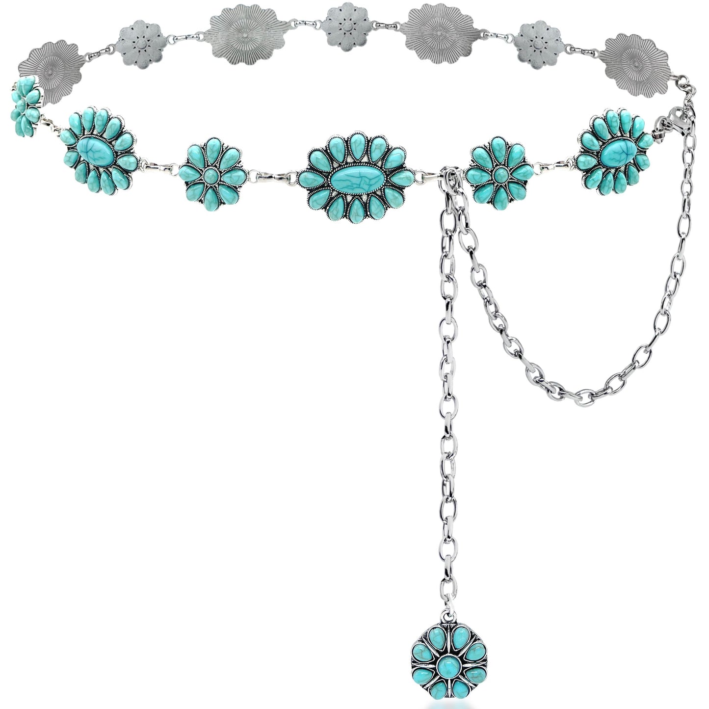 HOTTurquoise Chain Belt for Women, Western Cowgirl Concho Belt | Turquoise Concho Accents with Silver Chains for Western, Cowgirl, Rodeo, Festival and Denim Looks