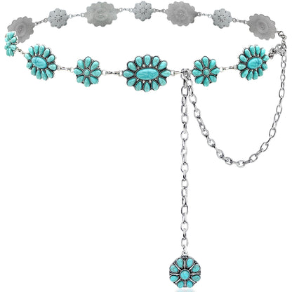 HOTTurquoise Chain Belt for Women, Western Cowgirl Concho Belt | Turquoise Concho Accents with Silver Chains for Western, Cowgirl, Rodeo, Festival and Denim Looks