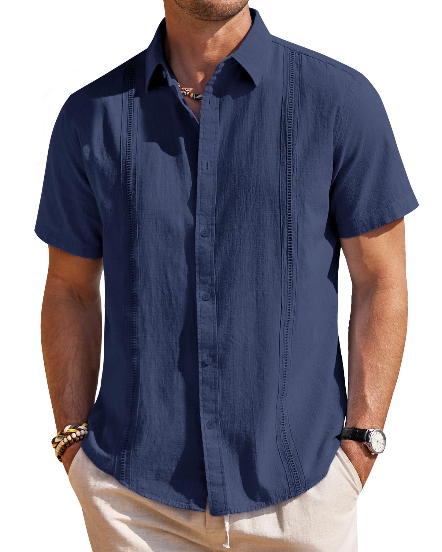 HOTMens Linen Textured Shirt Short Sleeve Button Down Cuban Guayabera Shirt | 100% Cotton, Casual Wear, Lightweight Breathable, Summer Beach, Untucked, Relaxed Fit, Vacation, Cruise, Camp, Collared
