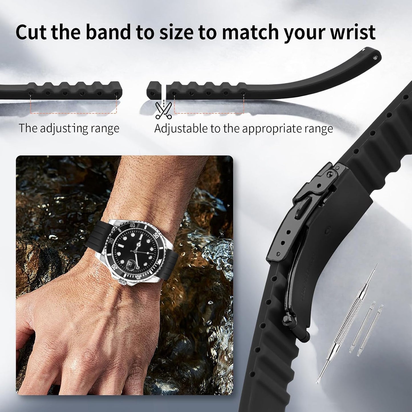 HOTSilicone Watch Strap Replacement Rubber Watch Band Waterproof Stripe Pattern - 14mm, 16mm, 18mm, 20mm, 22mm, 24mm Watch Bracelet with Stainless Steel Deployment Black Buckle