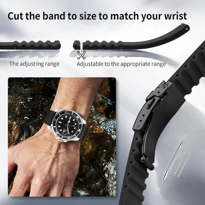HOTSilicone Watch Strap Replacement Rubber Watch Band Waterproof Stripe Pattern - 14mm, 16mm, 18mm, 20mm, 22mm, 24mm Watch Bracelet with Stainless Steel Deployment Black Buckle