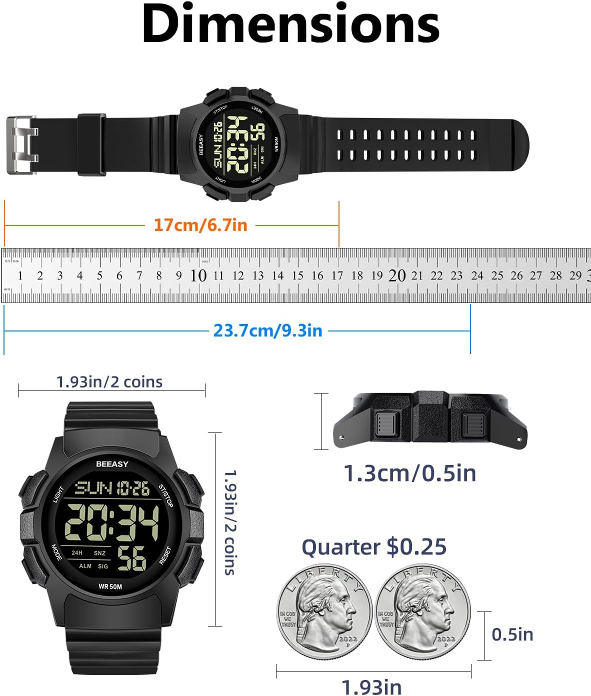 HOTBeeasy Mens Digital Sports Watch, 50M Waterproof 49mm Rubber Strap Mens Watches with Stopwatch, Countdown Timer, Alarm & Dual Time—Ideal for Sport, Gym, Running, Referee, School & Daily Wear