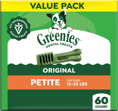 HOTGreenies Petite Natural Dental Dog Treats, Original Flavor, 60 Count | Original Flavor, 47% less tartar, freshens breath, natural ingredients, vitamins & minerals, for dogs 15-25 lbs, 36 oz. Pack