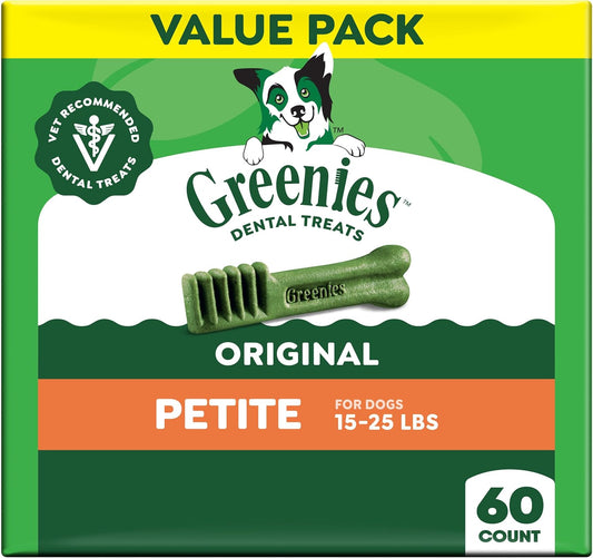 HOTGreenies Petite Natural Dental Dog Treats, Original Flavor, 60 Count | Original Flavor, 47% less tartar, freshens breath, natural ingredients, vitamins & minerals, for dogs 15-25 lbs, 36 oz. Pack