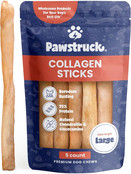 HOTPawstruck Natural Large 12" Beef Collagen Sticks for Dogs – Long-Lasting Rawhide Alternative, High Protein Treats with Chondroitin & Glucosamine – 5 Pack