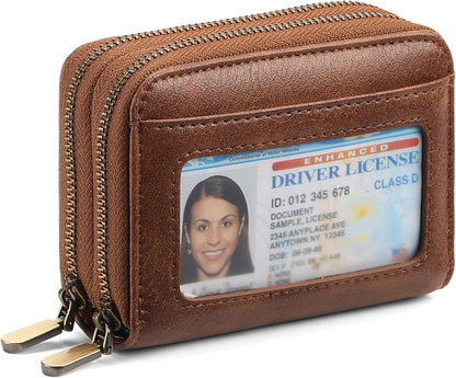 HOTSENDEFN Leather Credit Card Holder Small Wristlet Woman Wallets RFID Blocking Double Zipper with ID Window