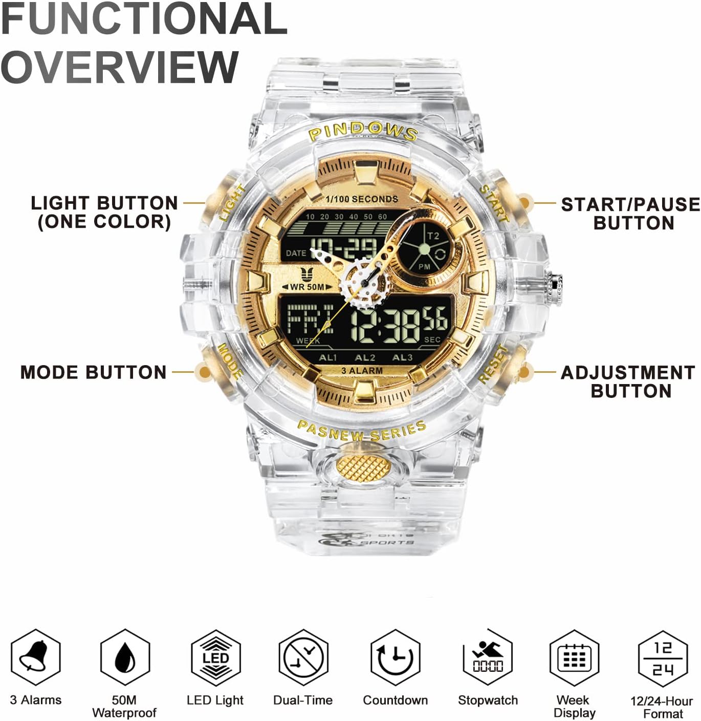 HOTPINIDOUS Mens Watch for Men Digital Sport Watch Transparent Gold Watches Waterproof Watches with 3 Alarms/Countdown/Stopwatch/Digital-Analog/Dual Time/Light/Military Multifunctional Wrist Watch