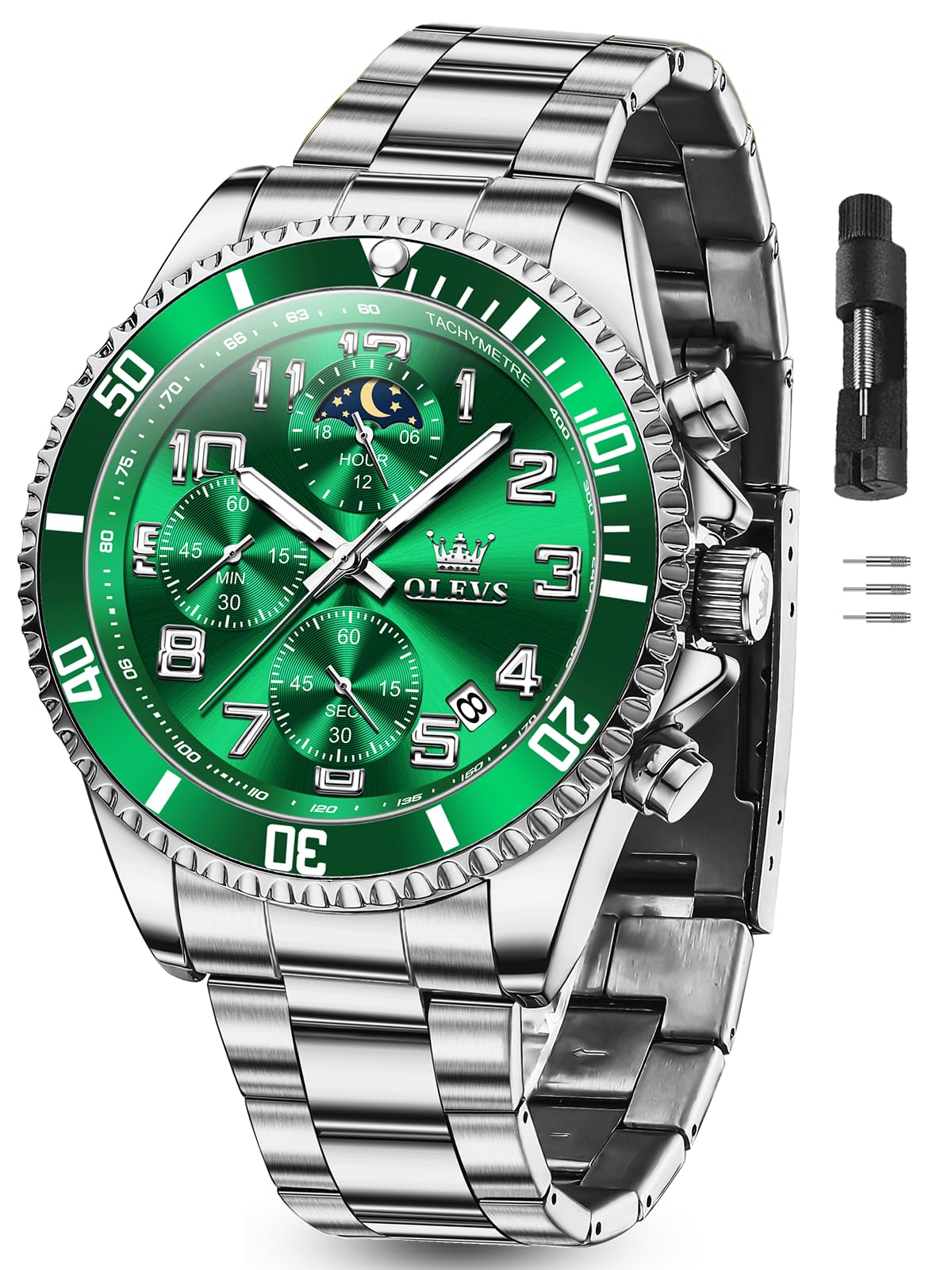 HOTOLEVS Watches Men Waterproof Luxury Big Face Mens Watch Stainless Steel Day Date Quartz Analog Dress Watches for Men Luminous Reloj para Hombres (Green/Blue/Black/Gold)