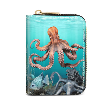 HOTCredit Card Holder Wallets for Women, Slim Leather Card Holder Wallet, Credit Card Wallet Organizer, Pocket Business Card Case with Zipper, Elephants and Flowers Under the Moon