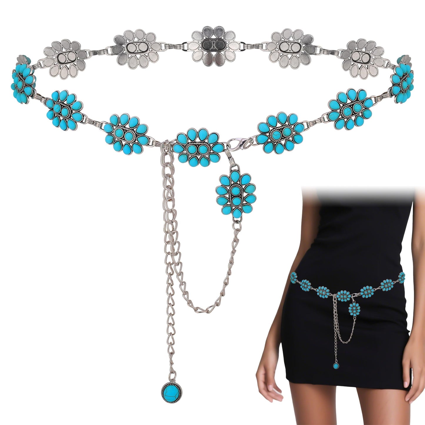 HOTWestern Turquoise Belt for Women Boho Cowgirl Concho Metal Belt for Country Concert Outfit Vintage Jewelry