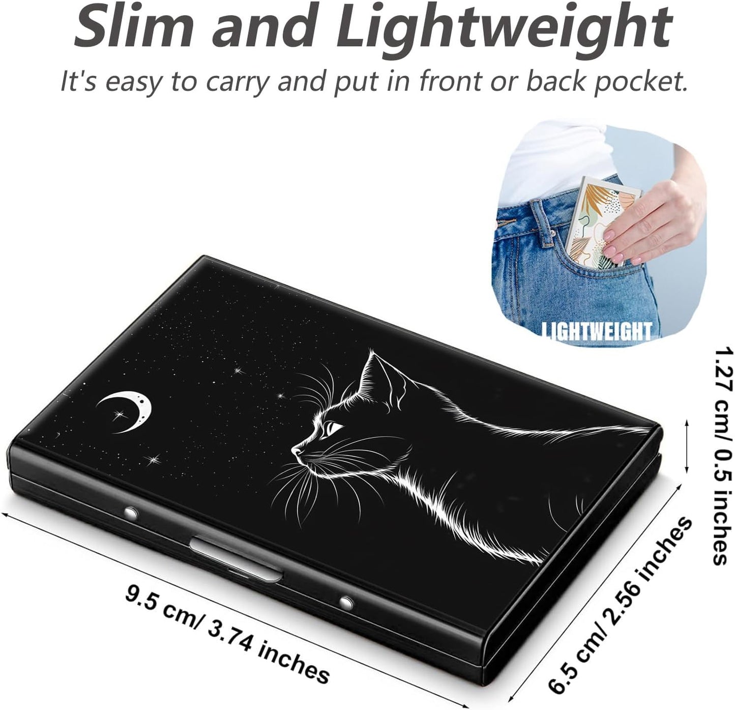 HOTRFID Credit Card Holder for Women Men, Slim Credit Card Case Protector Metal Hard Credit Card Wallet Protector Business Card Holder Snap Closure, A Cat Looks At The Moon