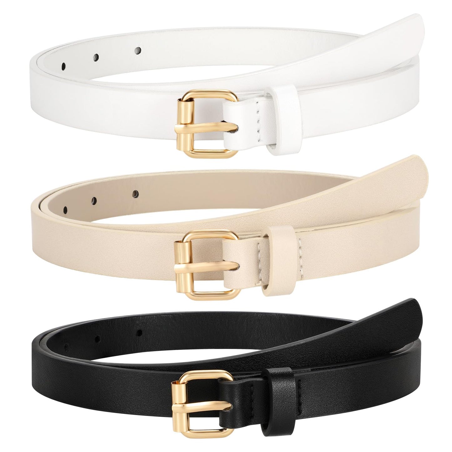 HOTTRIWORKS 3 Pack Women Skinny Leather Belt for Jeans Pants Dress Ladies Thin Waist Belt with Gold Buckle