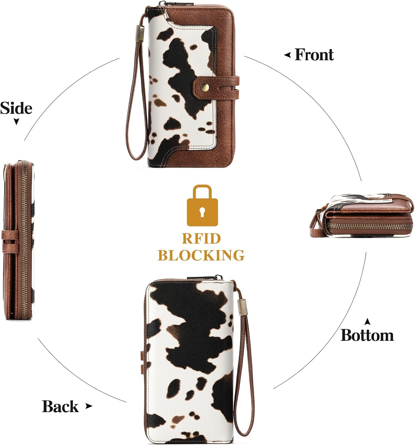 HOTGOIACII Wristlet Wallets for Women Large Capacity RFID Blocking Ladies Phone Clutch Card Holder Cow Print Brown