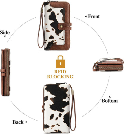 HOTGOIACII Wristlet Wallets for Women Large Capacity RFID Blocking Ladies Phone Clutch Card Holder Cow Print Brown