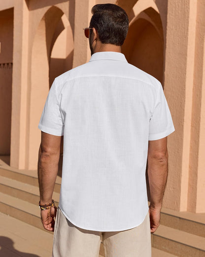 HOTMens Linen Textured Shirt Cotton Short Sleeve Summer Button Down Shirts | 100% Cotton, Linen-look Texture, Casual Wear, Breathable Feel, Lightweight, Untucked, Regular Fit, Beach, Vacation, Resort