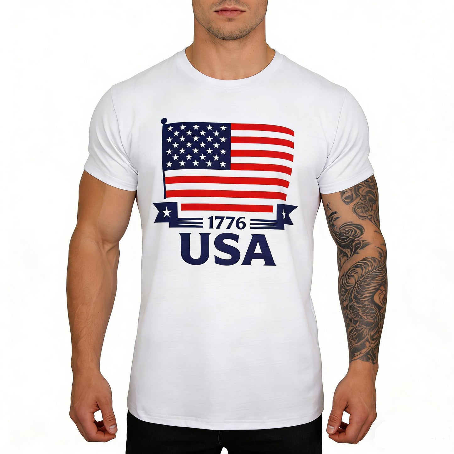 HOTMen's Short Sleeve Patriotic American Design with Eagle and Flag Premium T-Shirt