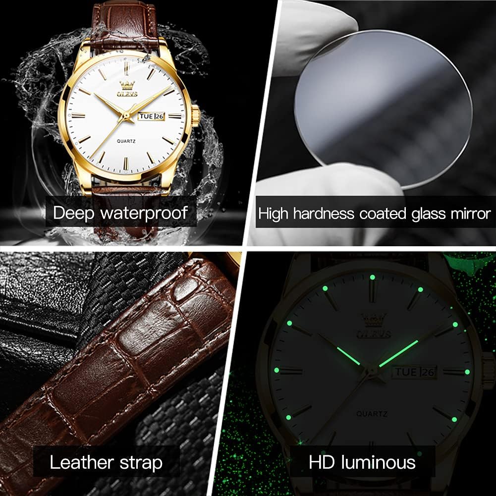 HOTOLEVS Mens Watch Brown Leather Band Dress Watch for Men Quartz Waterproof Men's Wrist Watch 38MM Gold Case Easy to Read Day Date Business Casual Men Watches Gifts for Him Relojes para Hombres