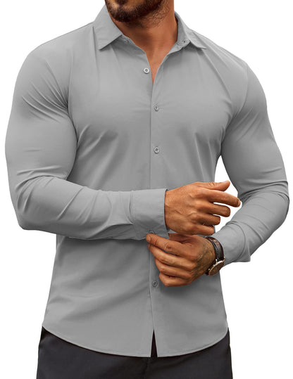 HOTCOOFANDY Men's Muscle Fit Dress Shirts Wrinkle-Free Long Sleeve Casual Button Down Shirts