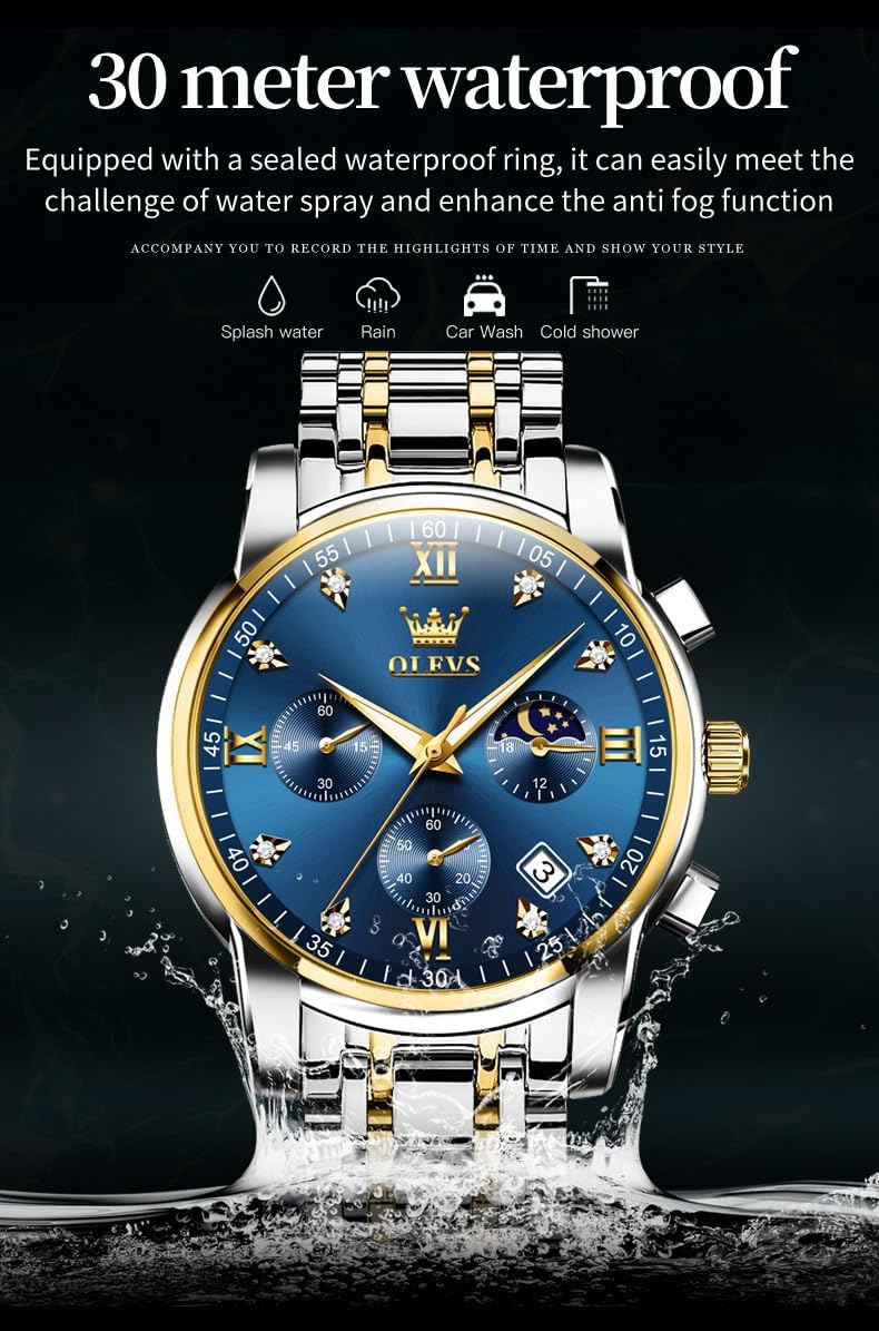 HOTOLEVS Watch for Men Diamond Business Dress Analog Quartz Stainless Steel Waterproof Luminous Date Two Tone Luxury Casual Wrist Watch Blue