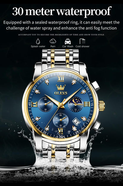 HOTOLEVS Watch for Men Diamond Business Dress Analog Quartz Stainless Steel Waterproof Luminous Date Two Tone Luxury Casual Wrist Watch Blue