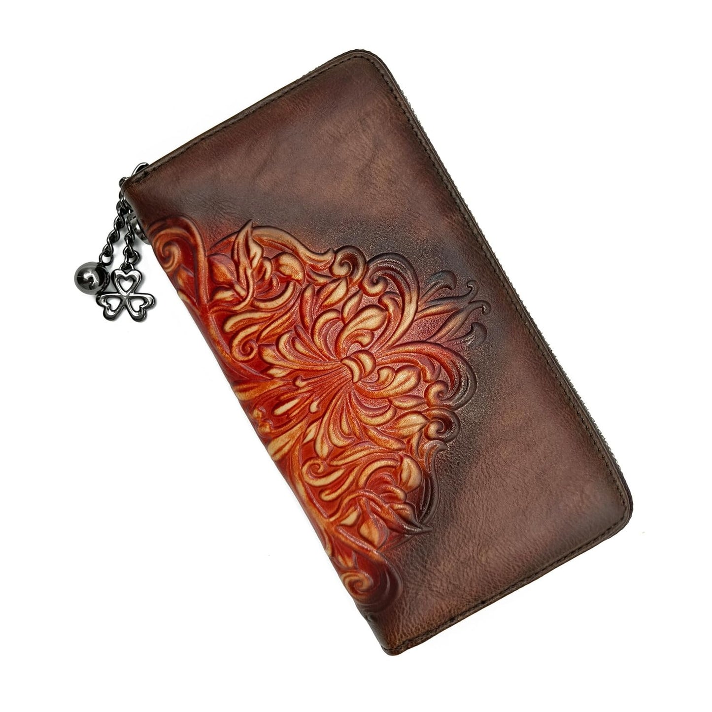 HOTWallet Genuine Leather for Women - with RFID Blocking Card checkbook ID Slot Large Capacity Vintage style (flower brown)