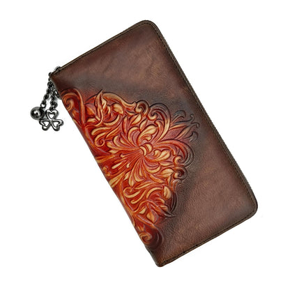 HOTWallet Genuine Leather for Women - with RFID Blocking Card checkbook ID Slot Large Capacity Vintage style (flower brown)