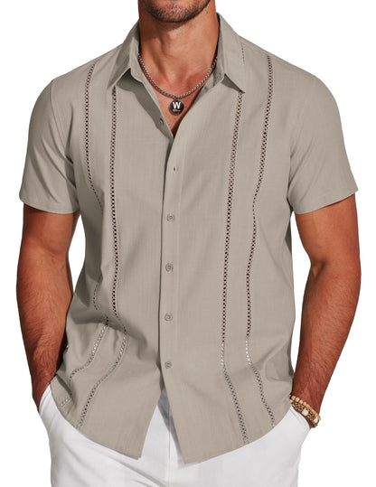 HOTCOOFANDY Men's Cuban Guayabera Shirt Short Sleeve Button Down Shirts Casual Summer Beach Linen Shirts
