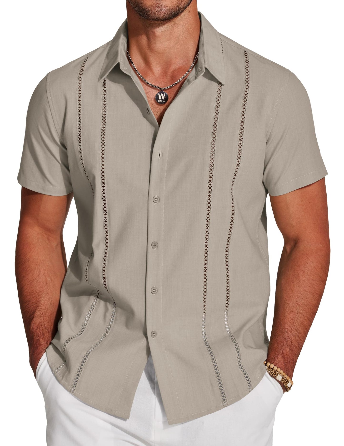 HOTCOOFANDY Men's Cuban Guayabera Shirt Short Sleeve Button Down Shirts Casual Summer Beach Linen Shirts