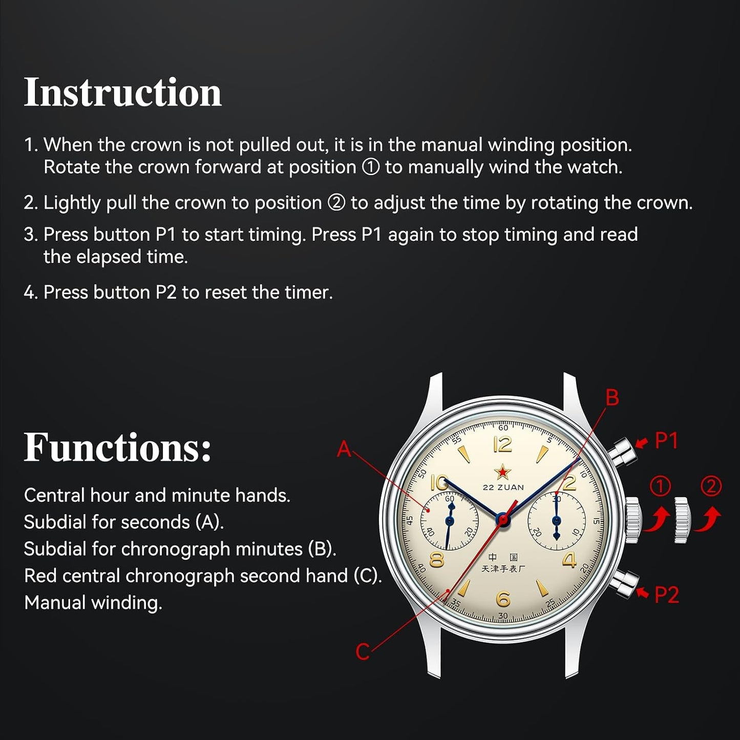 HOTSEA-GULL Men's Mechanical Wristwatch, Seagull 1963 Aviation Chronograph Pilot Mechanical Watch, Manual Winding, GD 1963 International Edition, ST1901