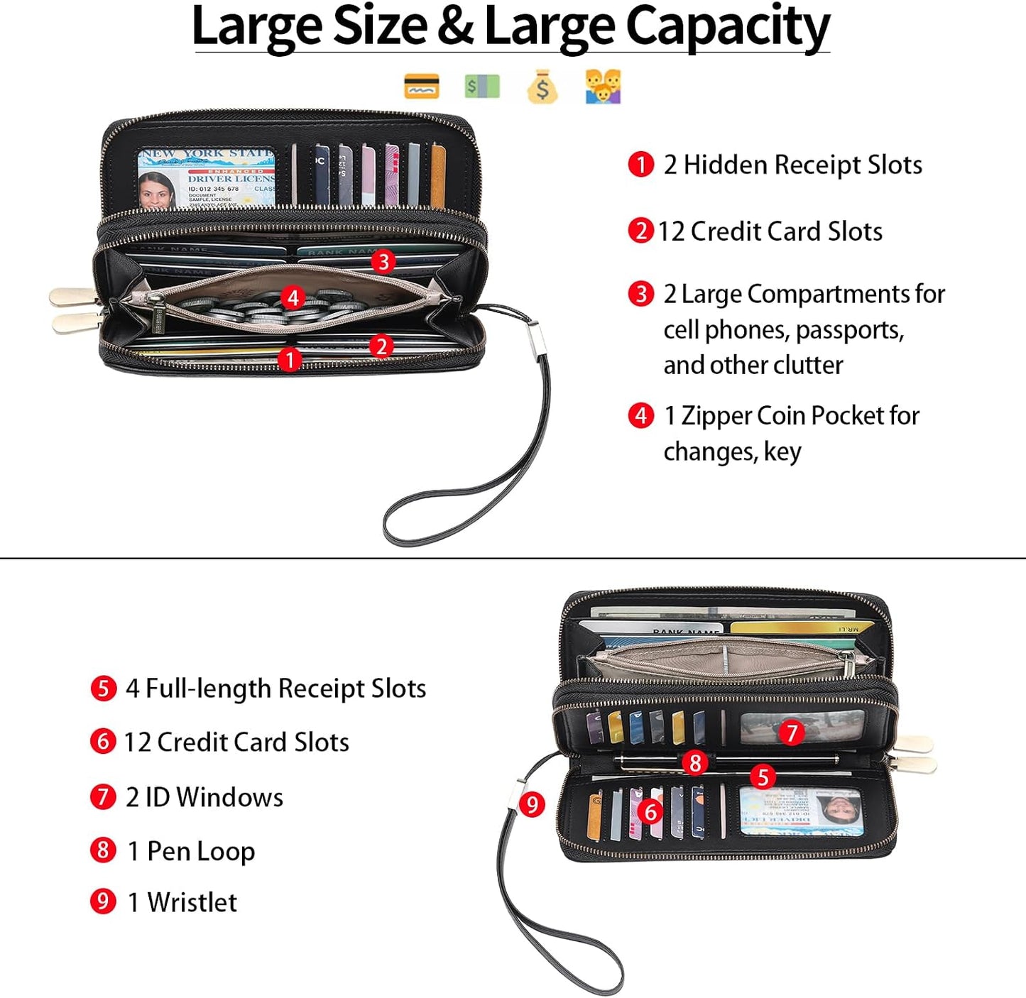HOTGAEKEAO Wallet for Women Clutch Leather RFID Blocking Wristlet Purse Zip Around Wallets Large Capacity Credit Card Holder