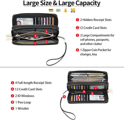 HOTGAEKEAO Wallet for Women Clutch Leather RFID Blocking Wristlet Purse Zip Around Wallets Large Capacity Credit Card Holder