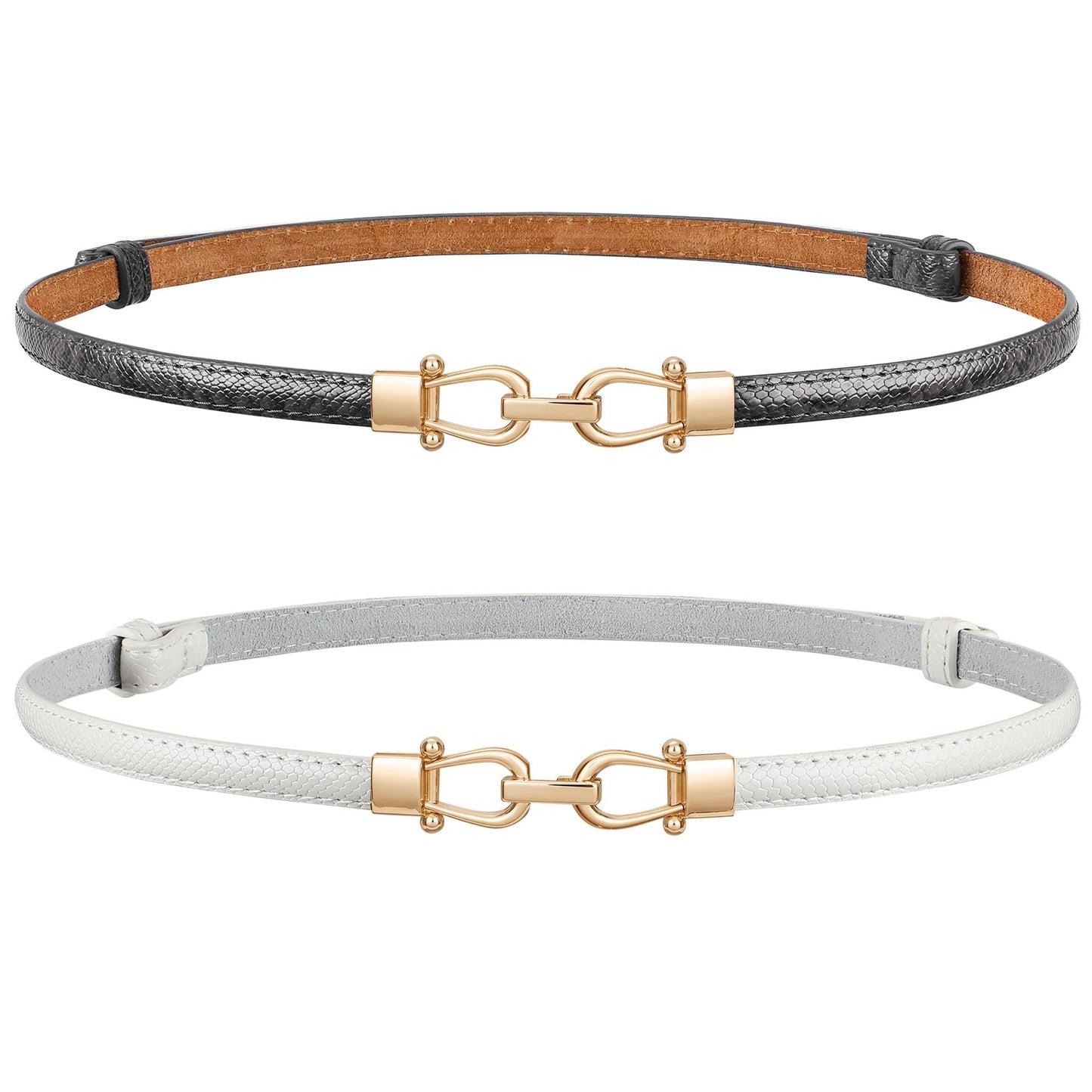 HOTJASGOOD Leather Skinny Belts for Women Plus Size Ladies Thin Waist Belts Adjustable for Jeans Pants Dresses with Gold Buckle