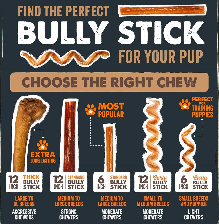 HOTMighty Paw Long Lasting 12" Bully Sticks for Dogs - All Natural Grass Fed Beef Chews. Lower Odor Dog Bully Sticks for Large Dogs, Medium and Small Breeds. Single Ingredient Treats