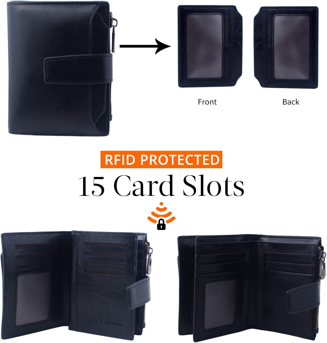 HOTBveyzi Small Leather Wallet for Women, RFID Bifold with ID Window | Holds 11 cards, a pull-out ID sleeve, zippered coin pocket & bill slot — fits crossbody bags and keeps everything organized