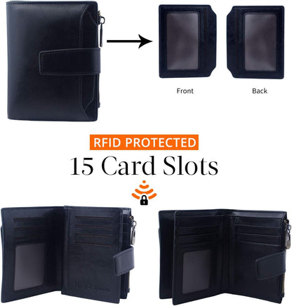 HOTBveyzi Small Leather Wallet for Women, RFID Bifold with ID Window | Holds 11 cards, a pull-out ID sleeve, zippered coin pocket & bill slot — fits crossbody bags and keeps everything organized