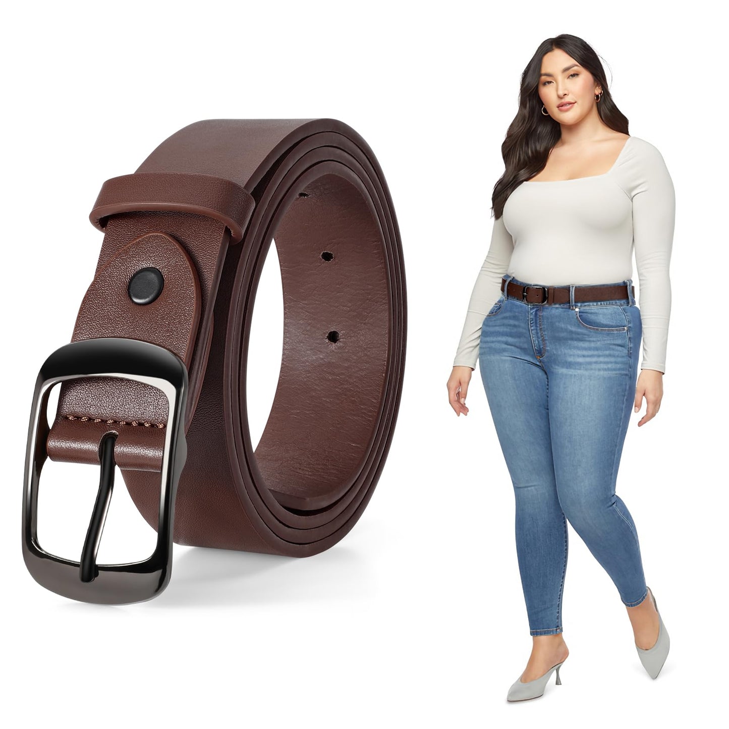 HOTJASGOOD Plus Size Women Leather Belt Black Casual Waist Belt for Jeans Pants with Metal Pin Buckle