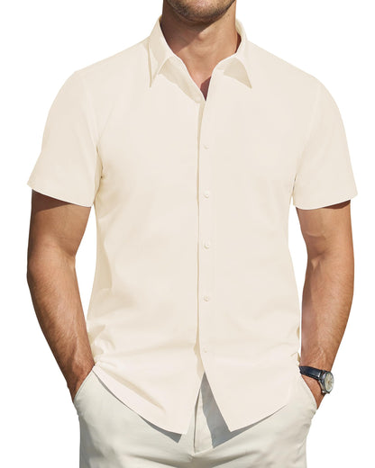 HOTJ.VER Men's Short Sleeve Dress Shirts Stretch Stain Shield Casual Button Down Shirts Solid Formal Shirt