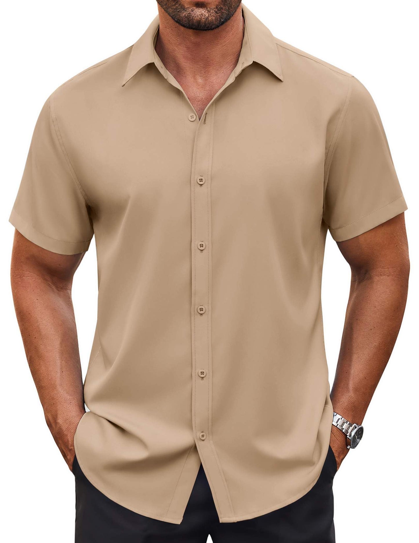 HOTCOOFANDY Men's Button Down Shirt Short Sleeve Dress Shirt Casual Beach Summer Wedding Shirt
