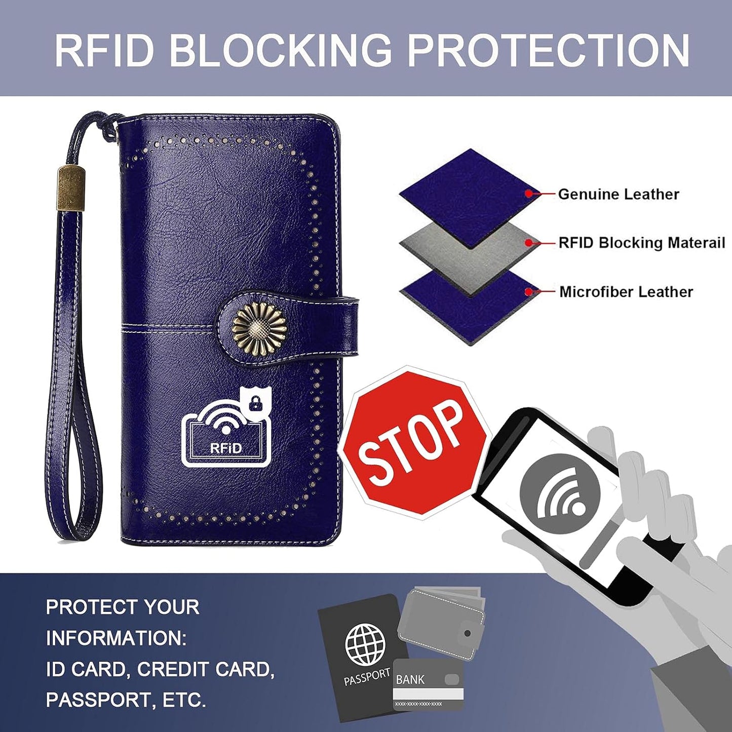 HOTLavemi Womens Large Capacity Genuine Leather RFID Blocking Wallets Wristlet Clutch Card Holder