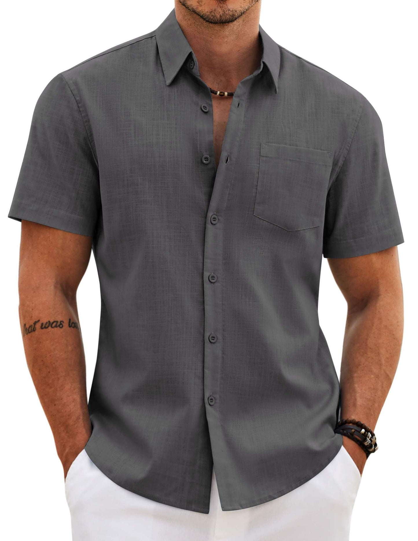 HOTCOOFANDY Men's Button Down Short Sleeve Shirt Casual Cotton Summer Beach Wedding Linen Shirts with Pocket