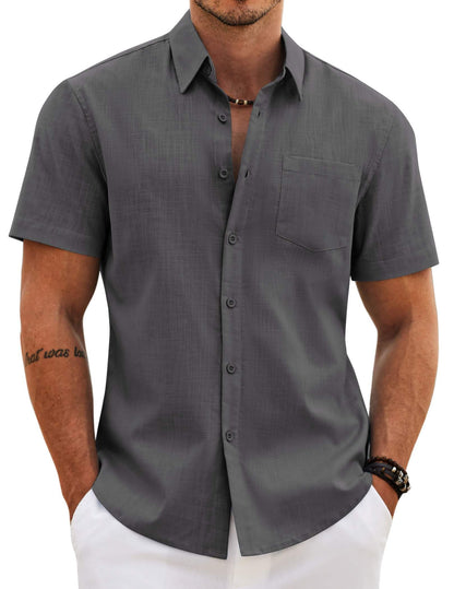 HOTCOOFANDY Men's Button Down Short Sleeve Shirt Casual Cotton Summer Beach Wedding Linen Shirts with Pocket