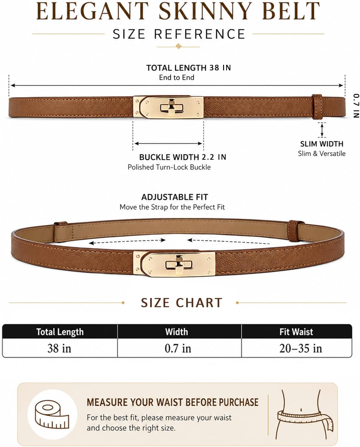 HOTBEMYLV Skinny Belts for Women Dresses Turn-Lock Gold Buckle Adjustable Fashion Waist Belt for Pants Jeans Business Casual