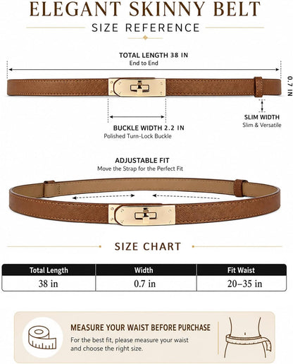 HOTBEMYLV Skinny Belts for Women Dresses Turn-Lock Gold Buckle Adjustable Fashion Waist Belt for Pants Jeans Business Casual