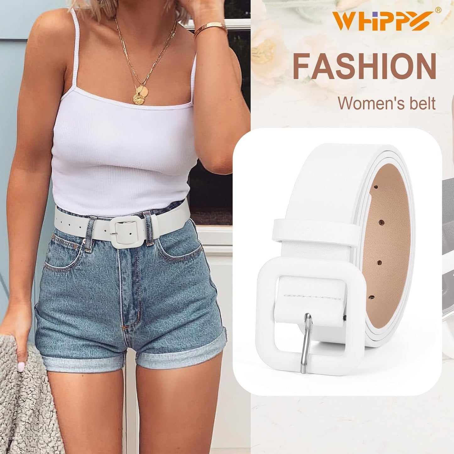 HOTWHIPPY Women Leather Belt Candy Color Fashion Square Buckle Belt Ladies Belt for Jeans Pants Dresses