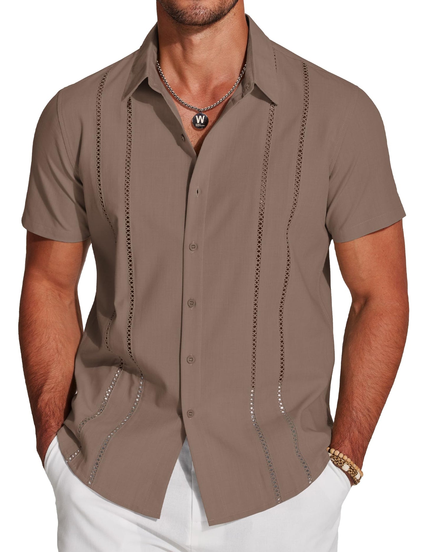 HOTCOOFANDY Men's Cuban Guayabera Shirt Short Sleeve Button Down Shirts Casual Summer Beach Linen Shirts