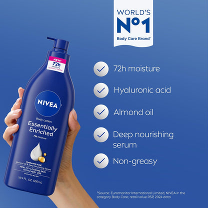 HOTNIVEA Essentially Enriched Body Lotion for Very Dry Skin with Hyaluronic Acid, Almond Oil and Deep Nourishing Serum, 72-Hour Body Moisturizer, 16.9 Fl Oz Pump Bottle, Pack of 2