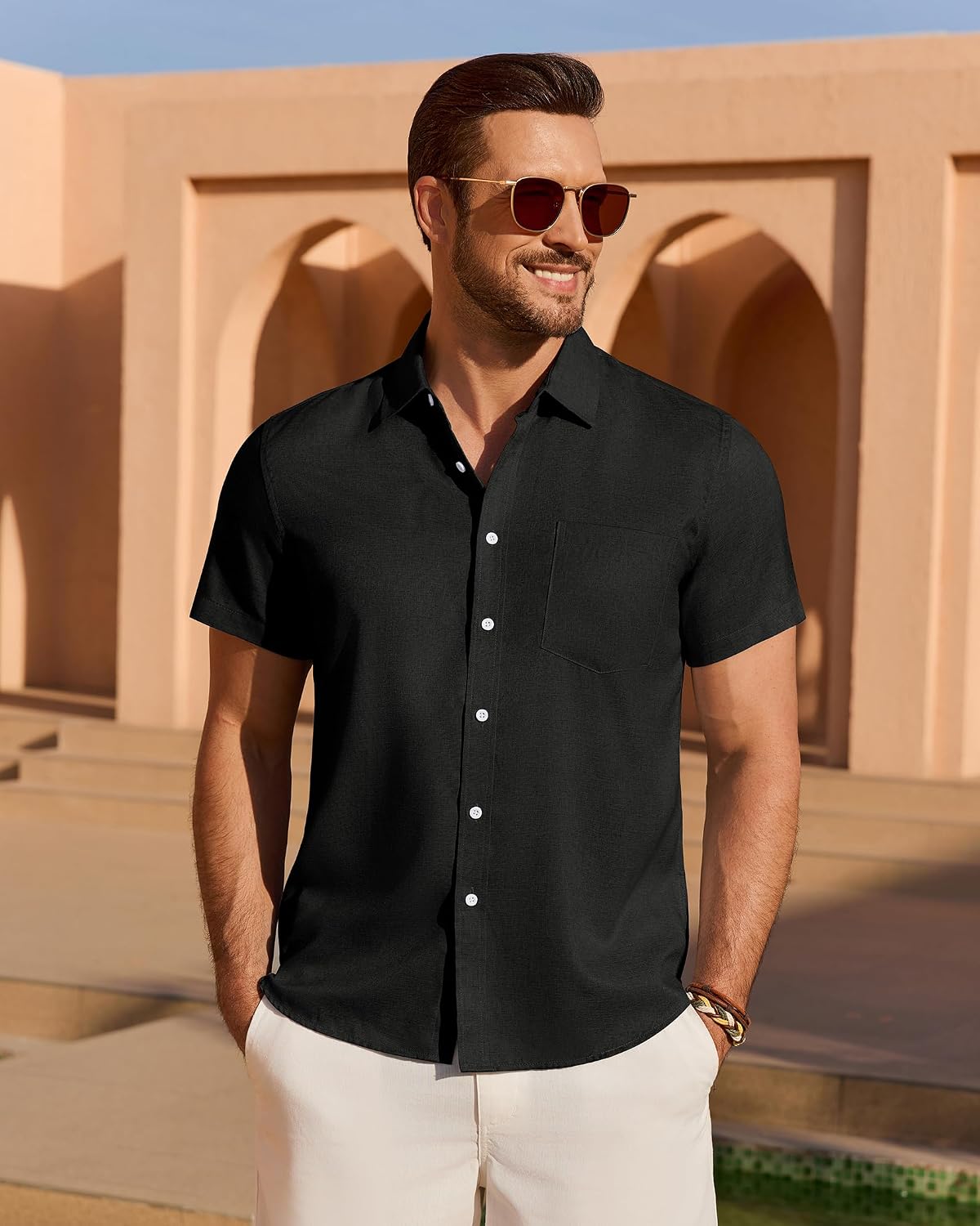 HOTMens Linen Shirt Short Sleeve Wrinkle Free Casual Untucked Button Down Shirts Beach Breathable Tops Summer