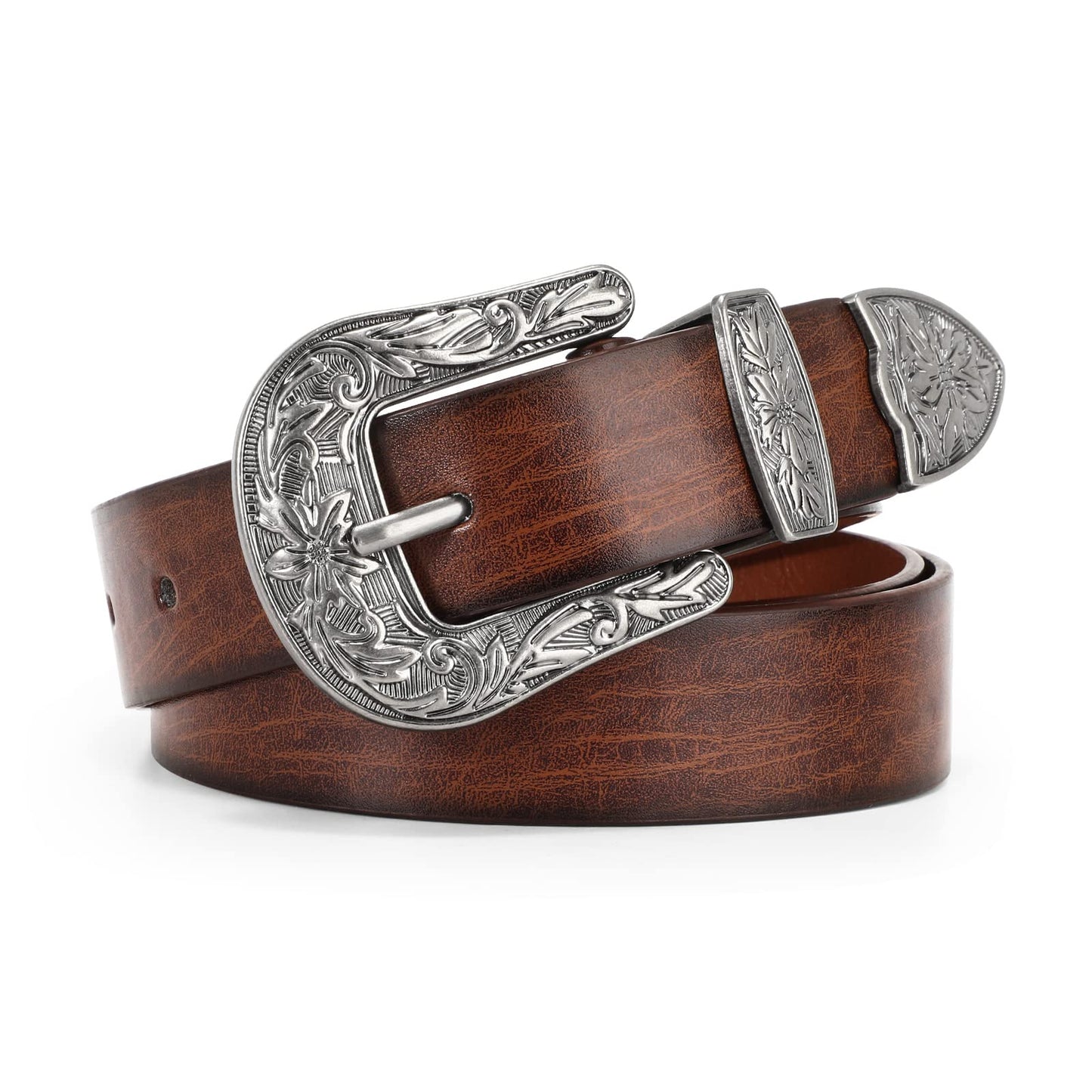 HOTJASGOOD Women Leather Belts Ladies Vintage Western Design Black Waist Belt for Pants Jeans Dresses