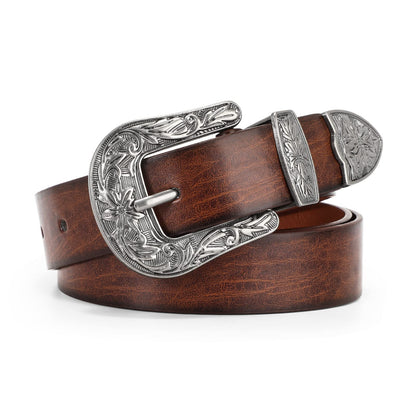 HOTJASGOOD Women Leather Belts Ladies Vintage Western Design Black Waist Belt for Pants Jeans Dresses