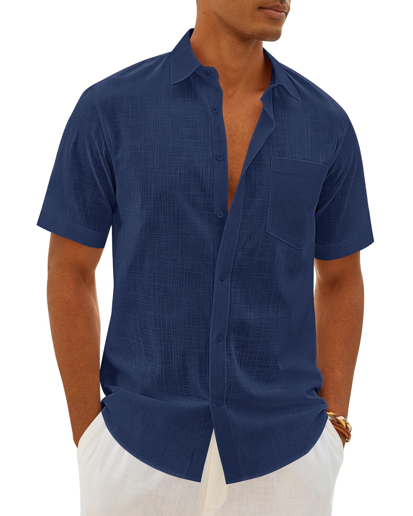 HOTMens Linen Textured Shirt Cotton Short Sleeve Summer Button Down Shirts | 100% Cotton, Linen-look Texture, Casual Wear, Breathable Feel, Lightweight, Untucked, Regular Fit, Beach, Vacation, Resort
